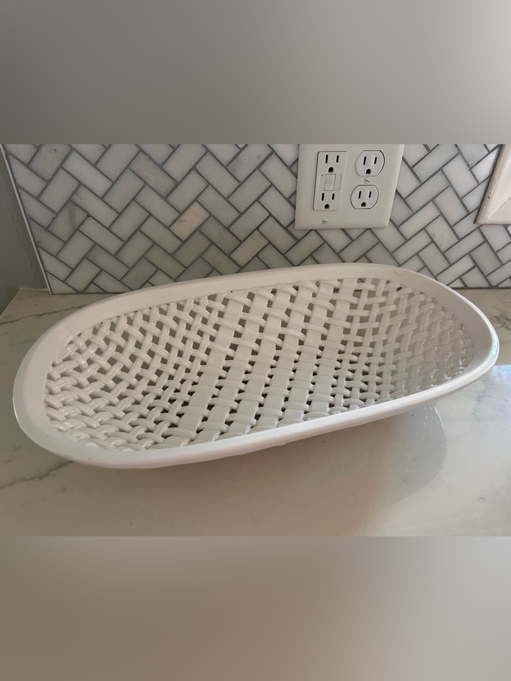 White Woven Ceramic Oval Serving Tray